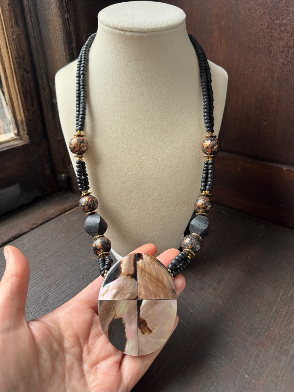 Vintage Mother of Pearl Statement Pendant Necklace | Black Beaded Boho Artisan